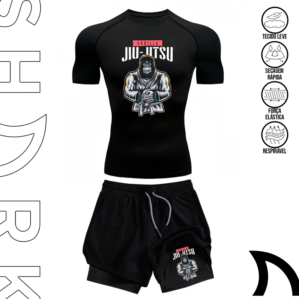 Kit Conjunto Masculino Atletico Camiseta Compressao E Short 2 Em 1 Jiu jitsu Treino Academia Gorilla