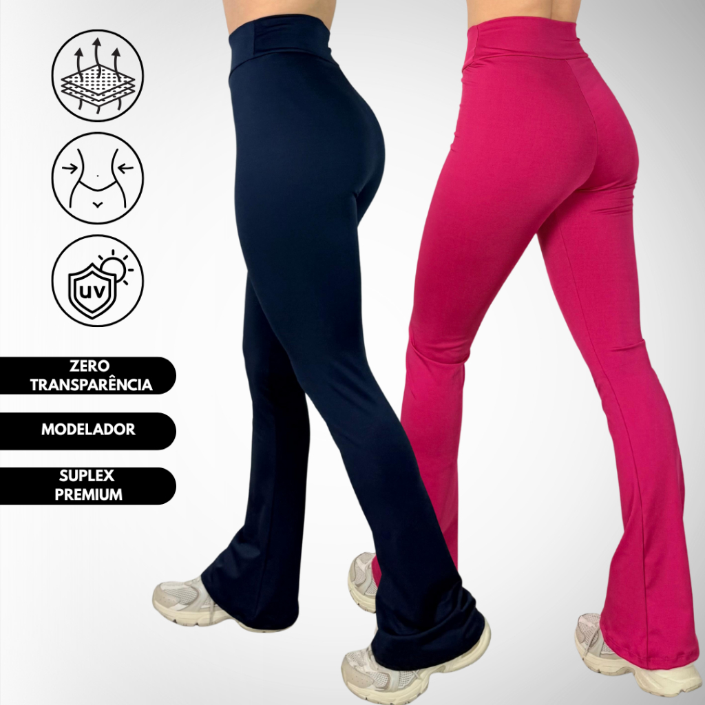 Kit 2 Calça Legging Feminina Bailarina Flare Boca de Sino Suplex Premium Leg Fitness