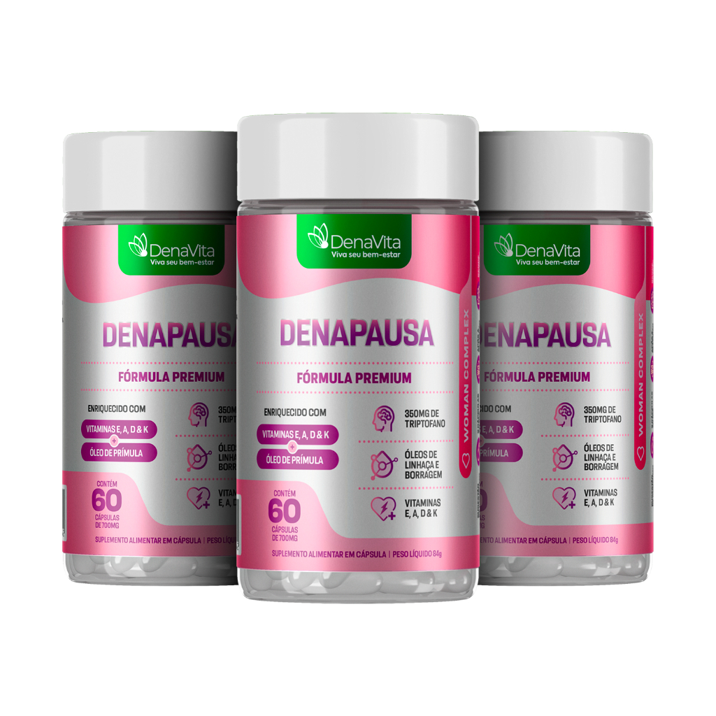 Denapausa -Para Menopausa e TPM com Óleos de Prímula, Linhaça, Borragem + Vitaminas A, D, E, K + Triptofano - Denavita