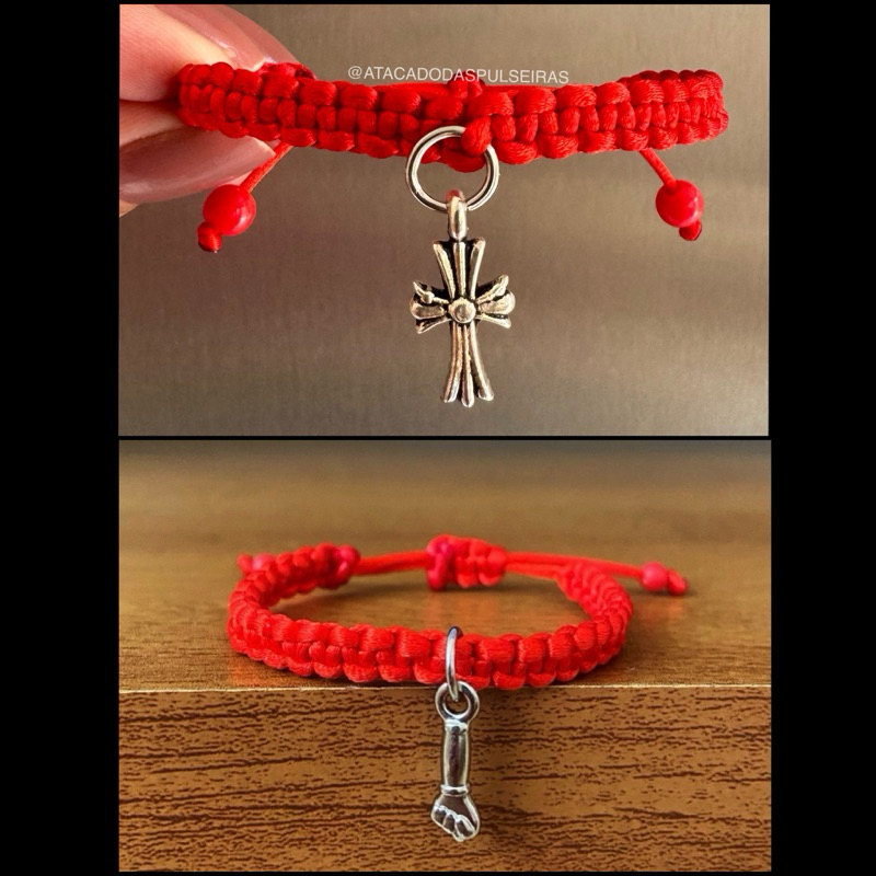 Pulseira Vermelha para Bebê Trançada com Figa ou cruz Prata Contra Inveja