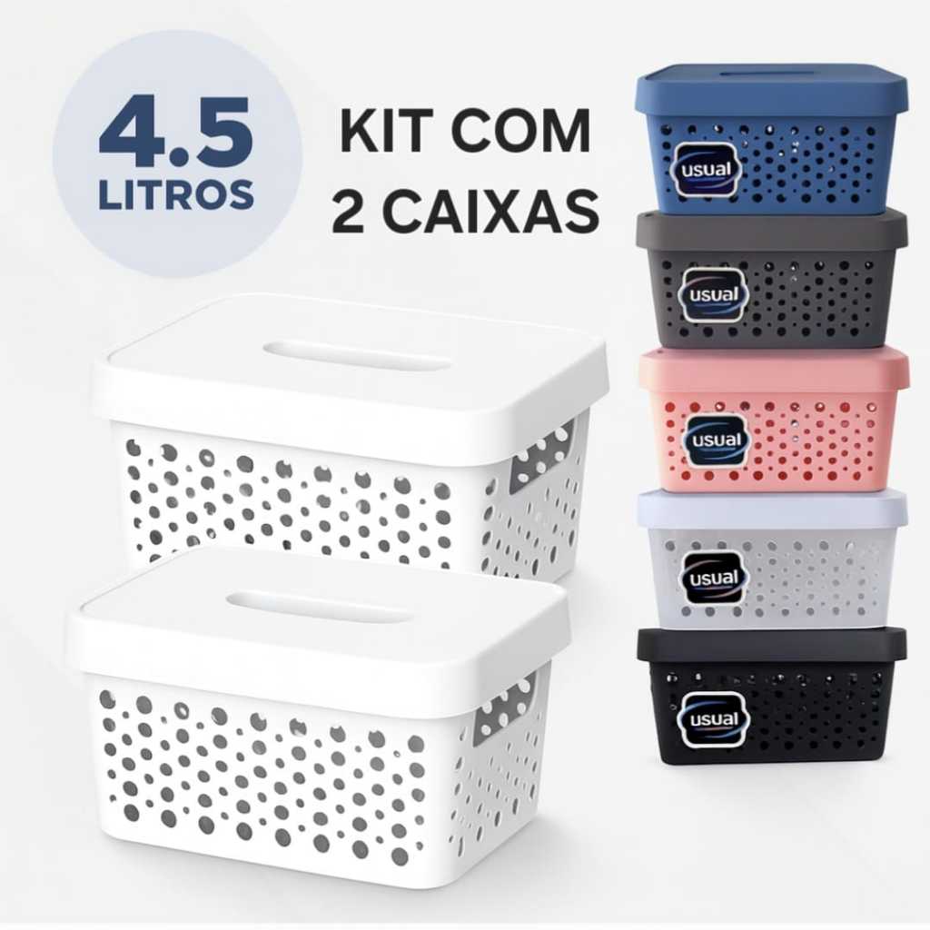 Kit 2 Caixas Plasticas Com Tampa 4,5 Lts Cesto Organizador Cozinha Banheiro Armarios Multiuso Duravel Moderna Com Alça em Oferta na Shopee