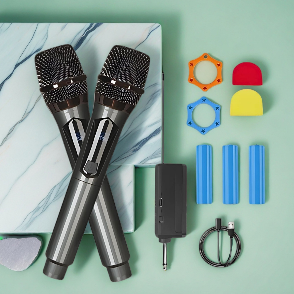 Kit 2 Microfone Sem Fio Profissional Uhf Led Com Receptor Ec Adequado para festas, igrejas, entretenimento doméstico