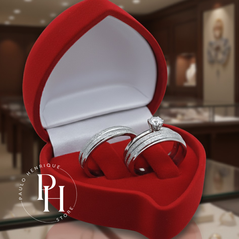 Par de Alianças Namoro Compromisso Noivado Luxo Premium Aço Inox Prata Diamantada + Caixa de Veludo em Oferta na Shopee