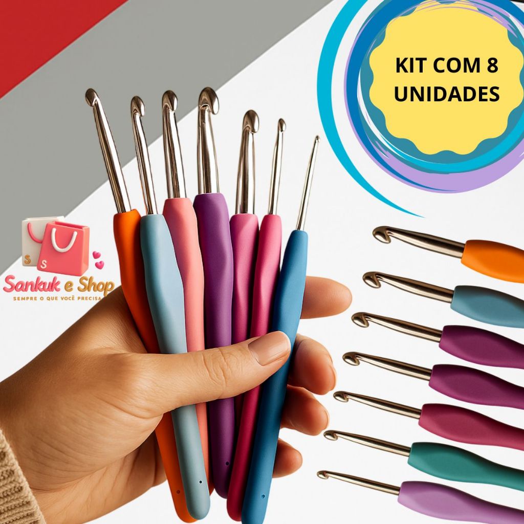 Kit 8 Agulhas de Crochê,Profissional Cabo Soft Ergonômico,Ponta de Alumínio para barabante em Oferta na Shopee