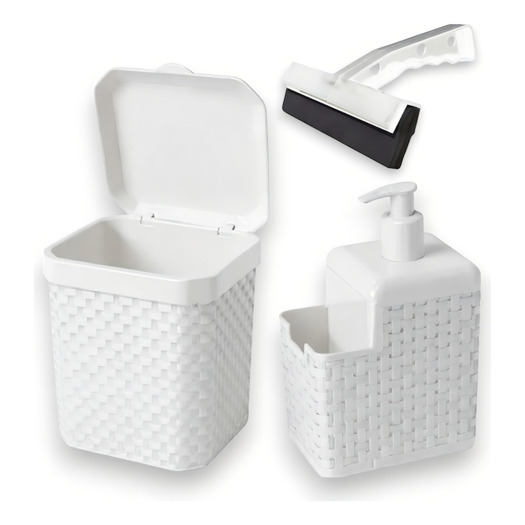 Kit Cozinha Pia 3 Peças Branco Lixeira Rattan 5L Dispenser Detergente Rodo Branco