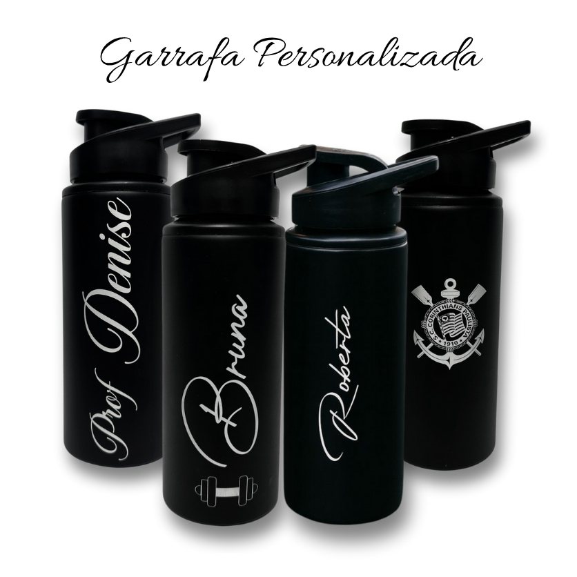 Garrafa Squeeze Personalizada de Alumínio Preta 600ml Academia Nome Logo Brasão I Gravação a Laser em Oferta na Shopee