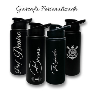 Garrafa Squeeze Personalizada de Alumínio Preta 600ml Academia Nome Logo Brasão I Gravação a Laser