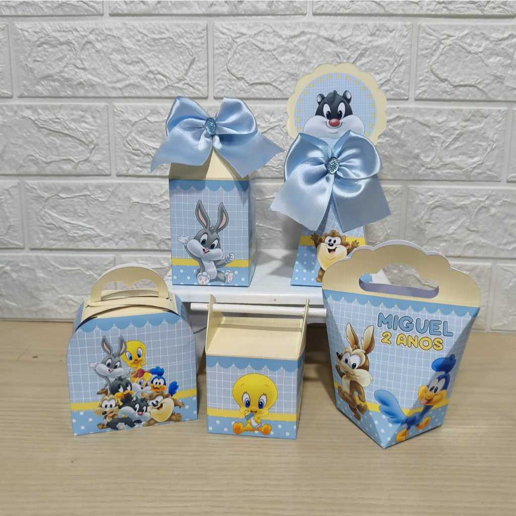 Kit Personalizados Caixinhas Baby looney tunes Azul Lembrancinhas Aniversario-festa PEGUE E MONTE