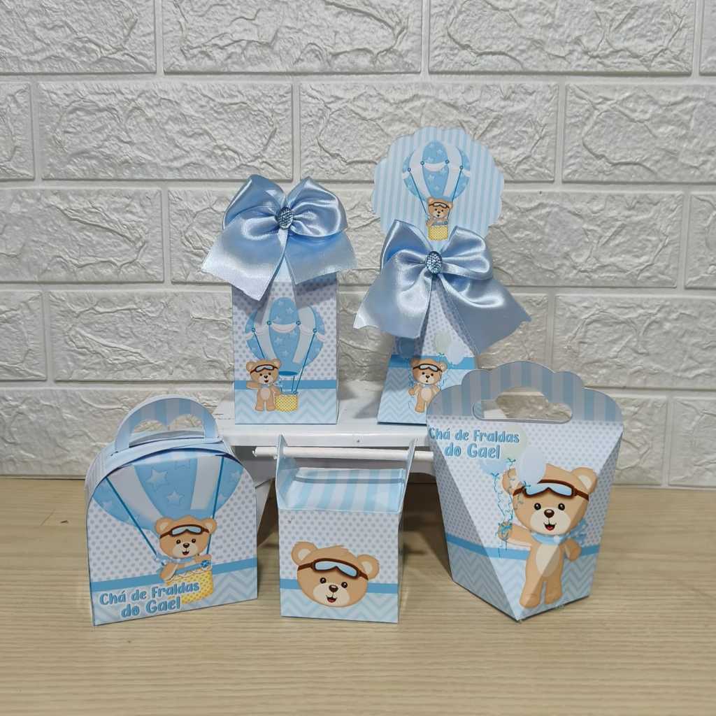 Kit Personalizados Caixinhas Ursinho Baloeiro Chá de Bebê Lembrancinhas Aniversario-festa PEGUE E MONTE