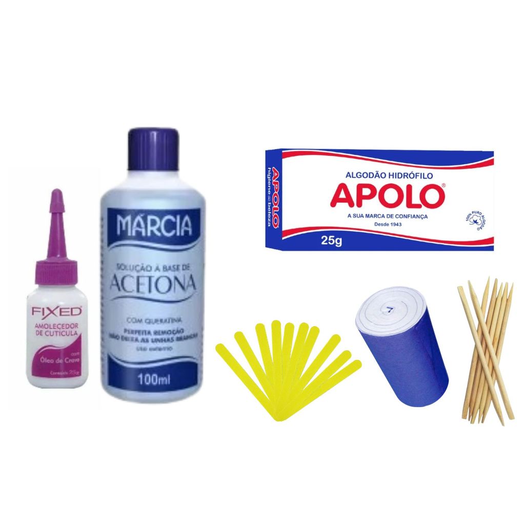 Kit De Unha Acetona + Algodão + 10 Palitos + Amolecedor De Cutícula Manicure Pedicure 10 LIXA