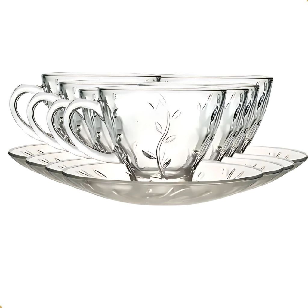 Jogo Xícaras Café Chá Com Pires 220ml 12 Peças Vidro Transparente Resistente Kit Elegante Mesa
