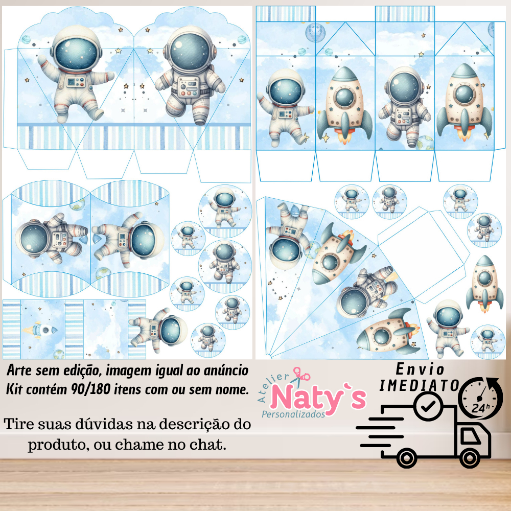 KIT COM 90/180 ITENS TEMA: ASTRONAUTA AZUL CLARO LEMBRANCINHAS COM/SEM NOME - Envio 24H