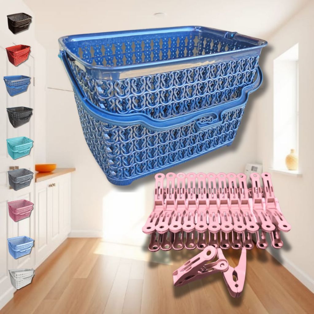 Kit Cesto Multiuso + 24 Prendedor Pregador de mola Aço Inox Cesto com Alça Organização Lavanderia