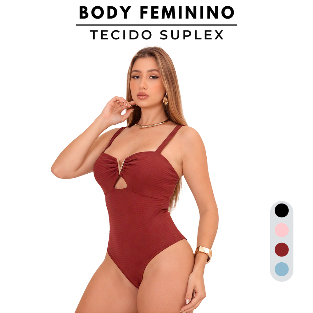 Body Feminino Tecido Suplex com Fecho Inferior Decote V Fitness Casual em Oferta na Shopee
