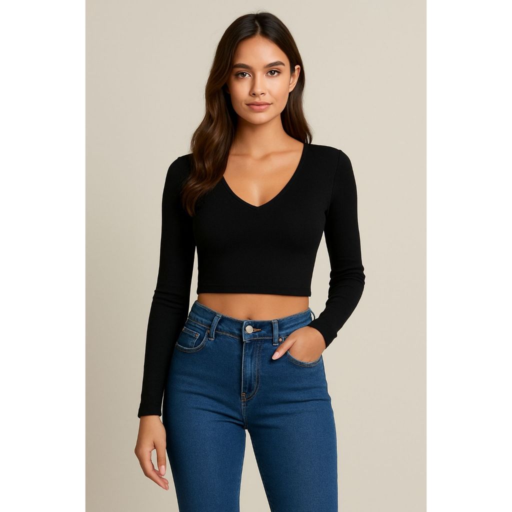 Cropped Feminino Inverno Gola V Manga Longa em Suplex Com Forro em Oferta na Shopee