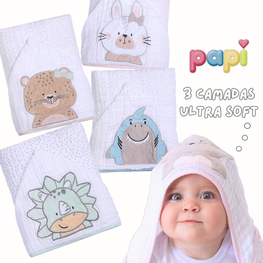 Toalha Fralda Bebê Papi Soft 3 Camadas com Capuz Bordado | Super Absorção 90x75cm Recém-Nascido em Oferta na Shopee