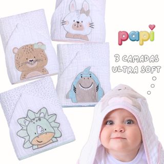 Toalha Fralda Bebê Papi Soft 3 Camadas com Capuz Bordado | Super Absorção 90x75cm Recém-Nascido em Oferta na Shopee
