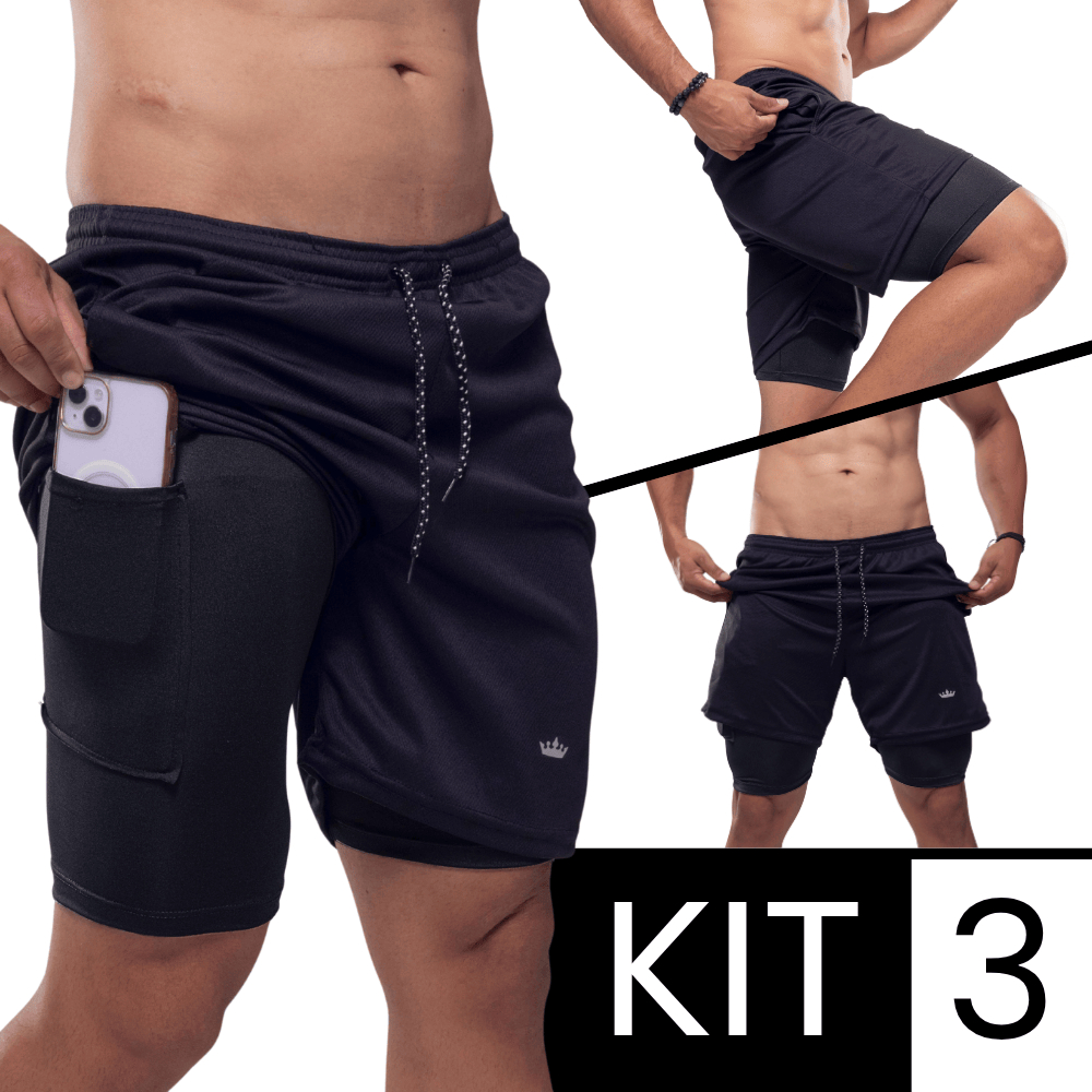 Bermuda 2 em 1 Masculina Kit 3 Academia Dryfit Short Futebol Esporte Bolso Interno Compressão