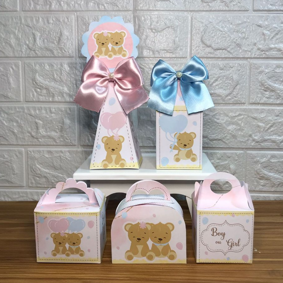 Kit Caixinha Personalizada para Festa Chá Revelação Ursinho Rosa e Azul - Lembrancinha PEGUE E MONTE