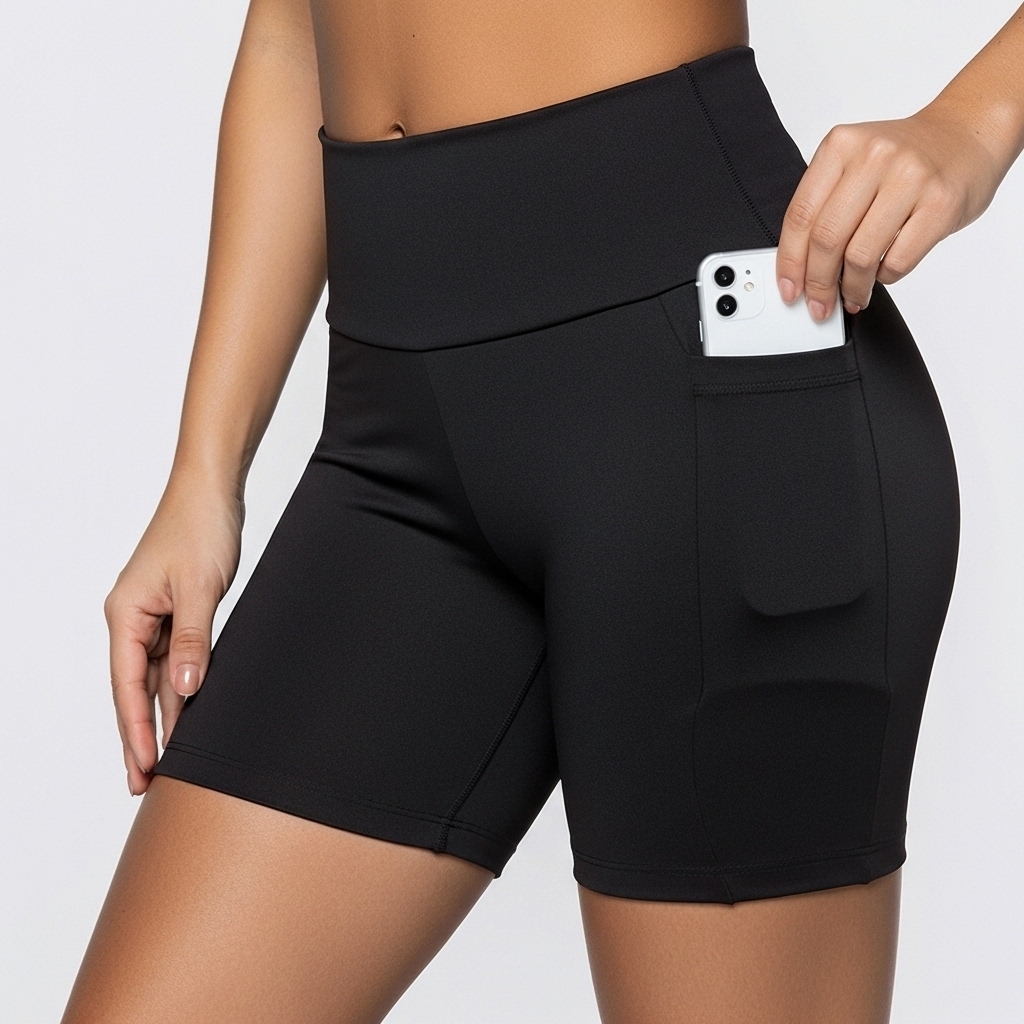 Shorts Academia Bermuda Esportiva Feminina Fitness Cintura Alta com 2 Bolsos Laterais para Celular em Oferta na Shopee