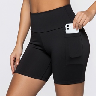 Shorts Academia Bermuda Esportiva Feminina Fitness Cintura Alta com 2 Bolsos Laterais para Celular em Oferta na Shopee