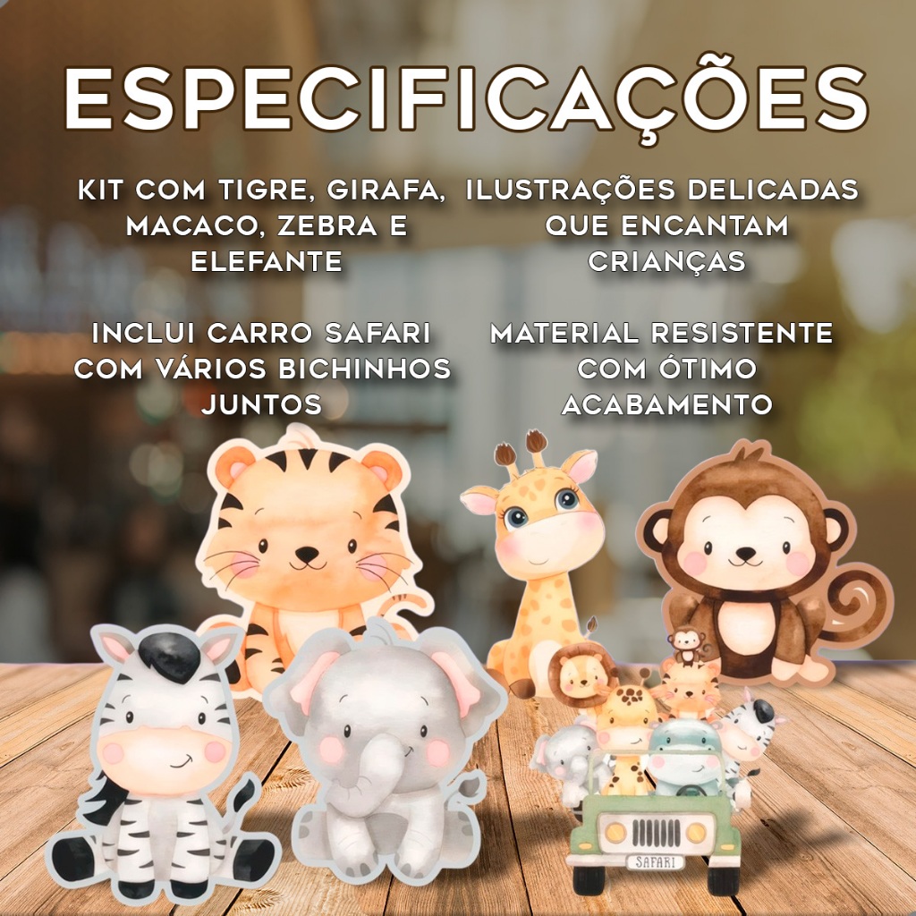Kit Display Safari Baby MDF 18cm com Suporte Festa Infantil Animais Carrinho Selva Decoração Mesa