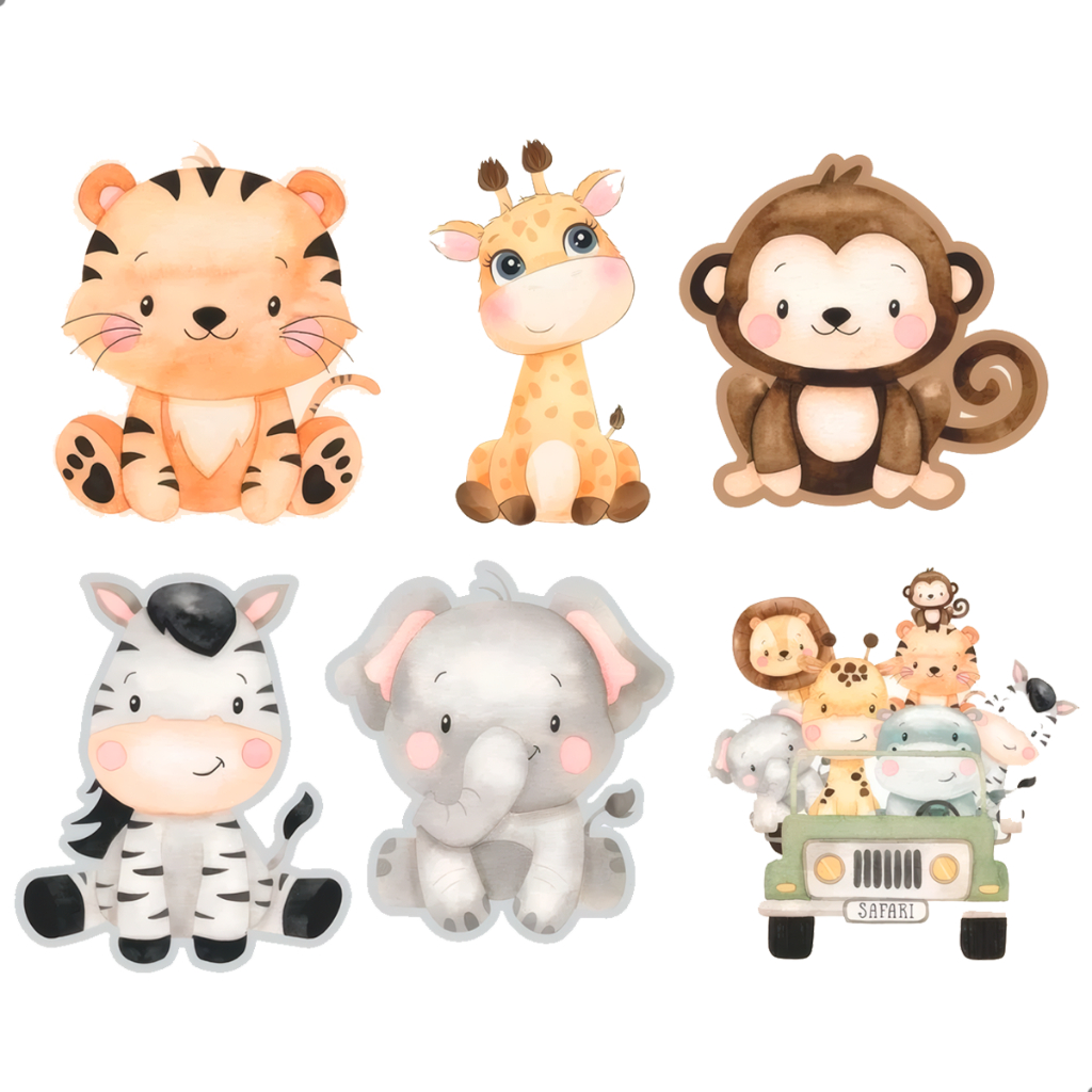Kit Display Safari Baby MDF 18cm com Suporte Festa Infantil Animais Carrinho Selva Decoração Mesa