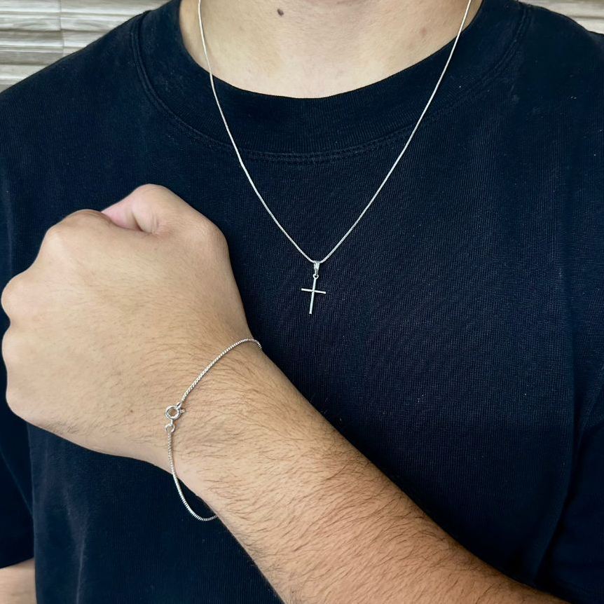 KIT Corrente Colar Masculino 60cm de Prata 925, Ouro 18k + Crucifixo + Pulseira Fina 20, 21 ou 22cm em Oferta na Shopee