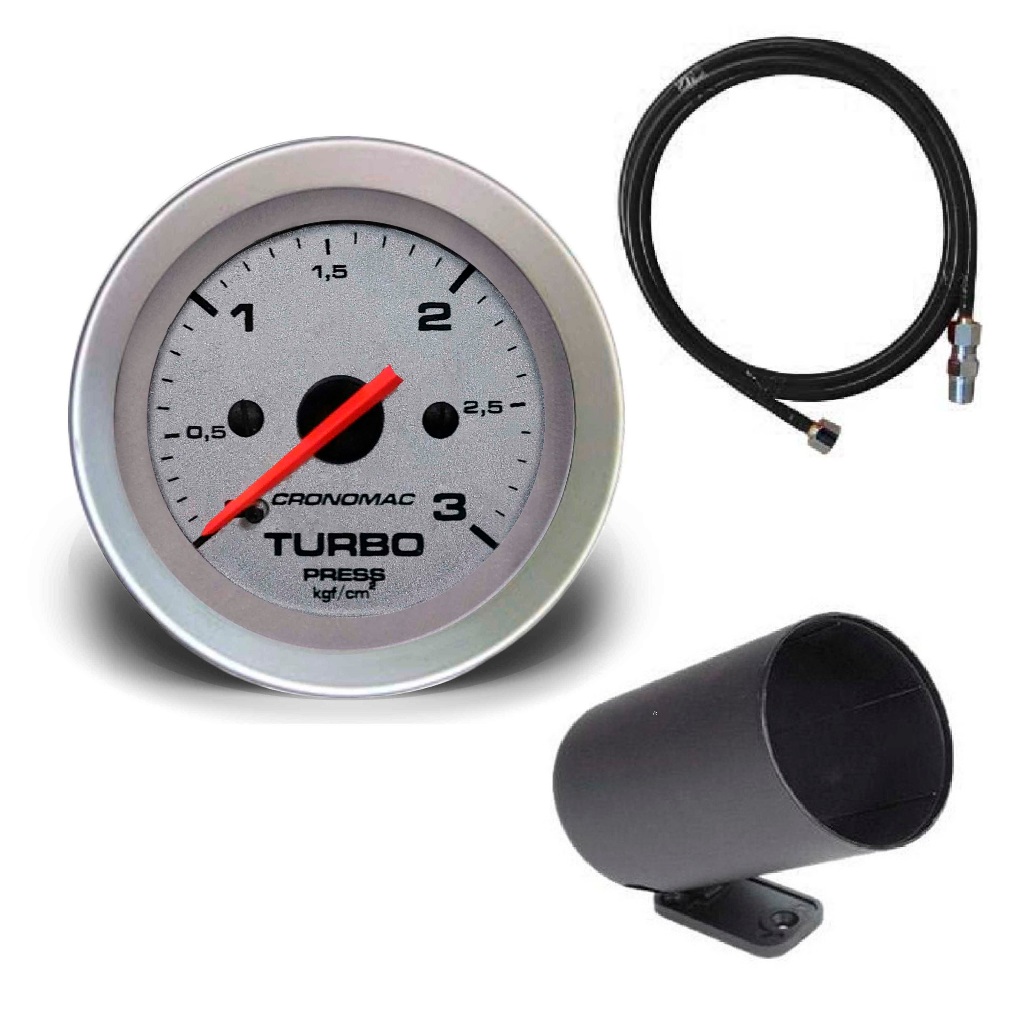 Manômetro Pressão do Turbo Cronomac 52mm Racing Kit Instalação Copo Suporte