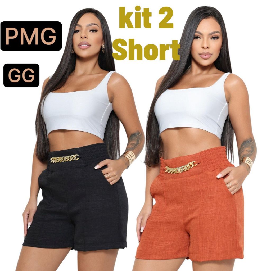 KIT  2 Short Social Linho Cintura Alta com Elástico, Corrente Metálica e Bolsos funcional  P.M.G.GG em Oferta na Shopee