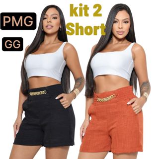 KIT  2 Short Social Linho Cintura Alta com Elástico, Corrente Metálica e Bolsos funcional  P.M.G.GG em Oferta na Shopee