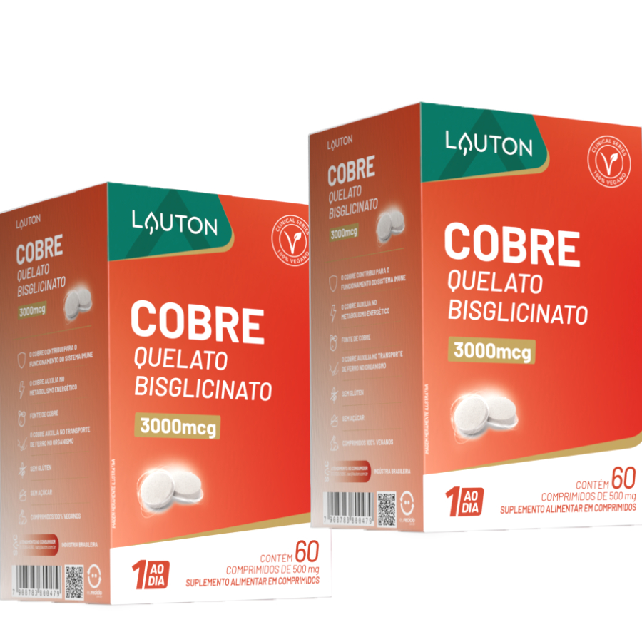 Cobre Quelato Bisglicinato Vegano 3000mcg Premium Lauton - Kit 2