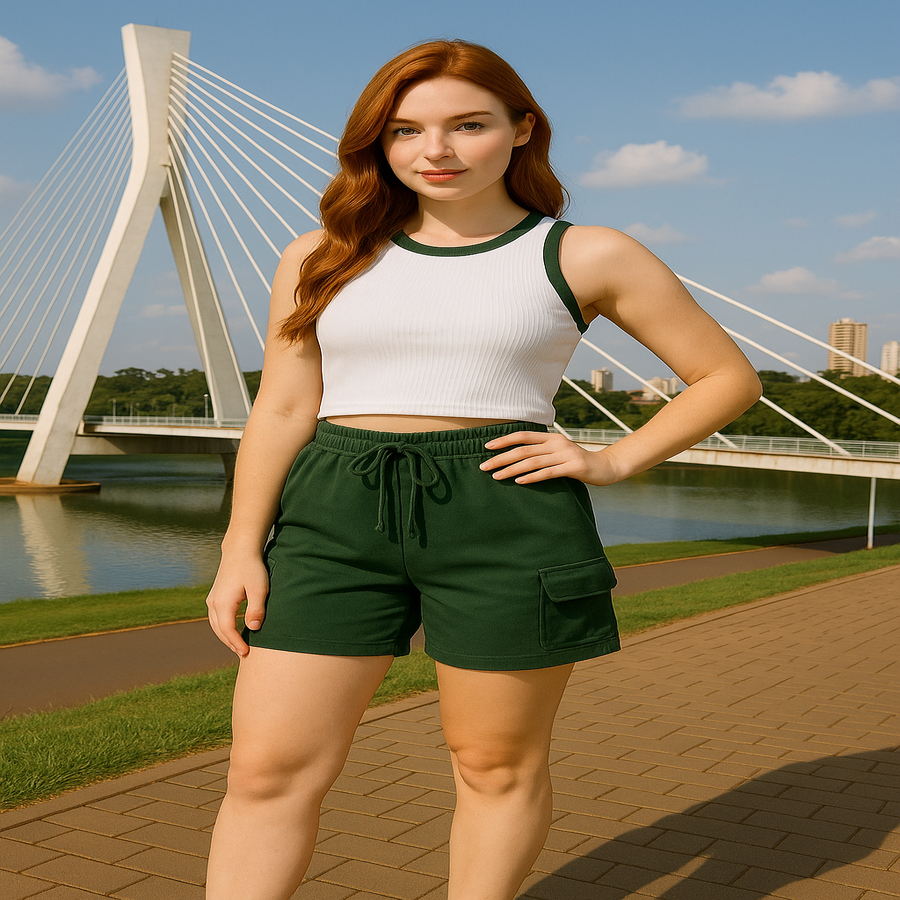 Conjunto Esmeralda Feminino Cropped Bicolor Ribana + Shorts Cargo Cintura Alta Moda Blogueira Tendência Fashion