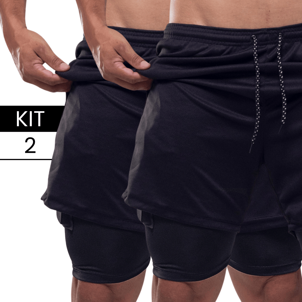 Bermuda 2 em 1 Short Duplo Academia Kit 2 Masculino Forrado Treino Compressão Esporte