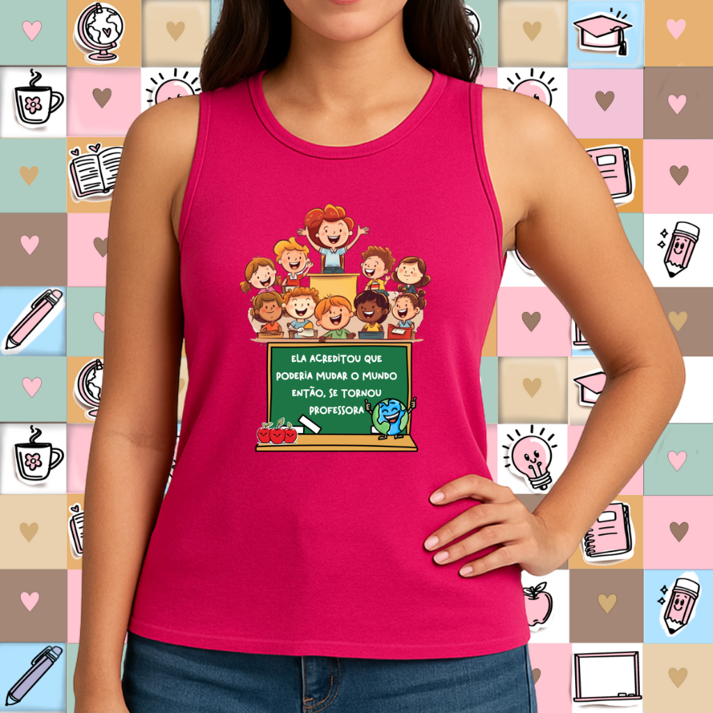 Camisa Regata Estampada Educação Infantil Professora Fashion Confortável Casual e Versátil P ao G2
