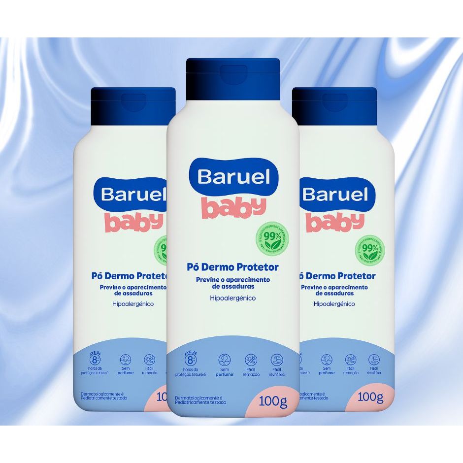 Kit c/3 Talco Baruel Baby Antiassadura  8Horas de Proteção 100g - Para todos os tipos de Pele