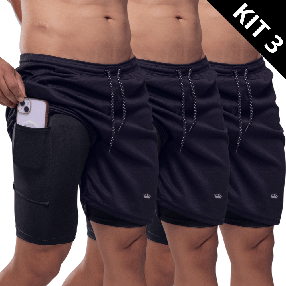 Short 2 em 1 Masculino Academia Treino Kit 3 Bermuda Compressão Bolso Interno Segunda Pele Futebol