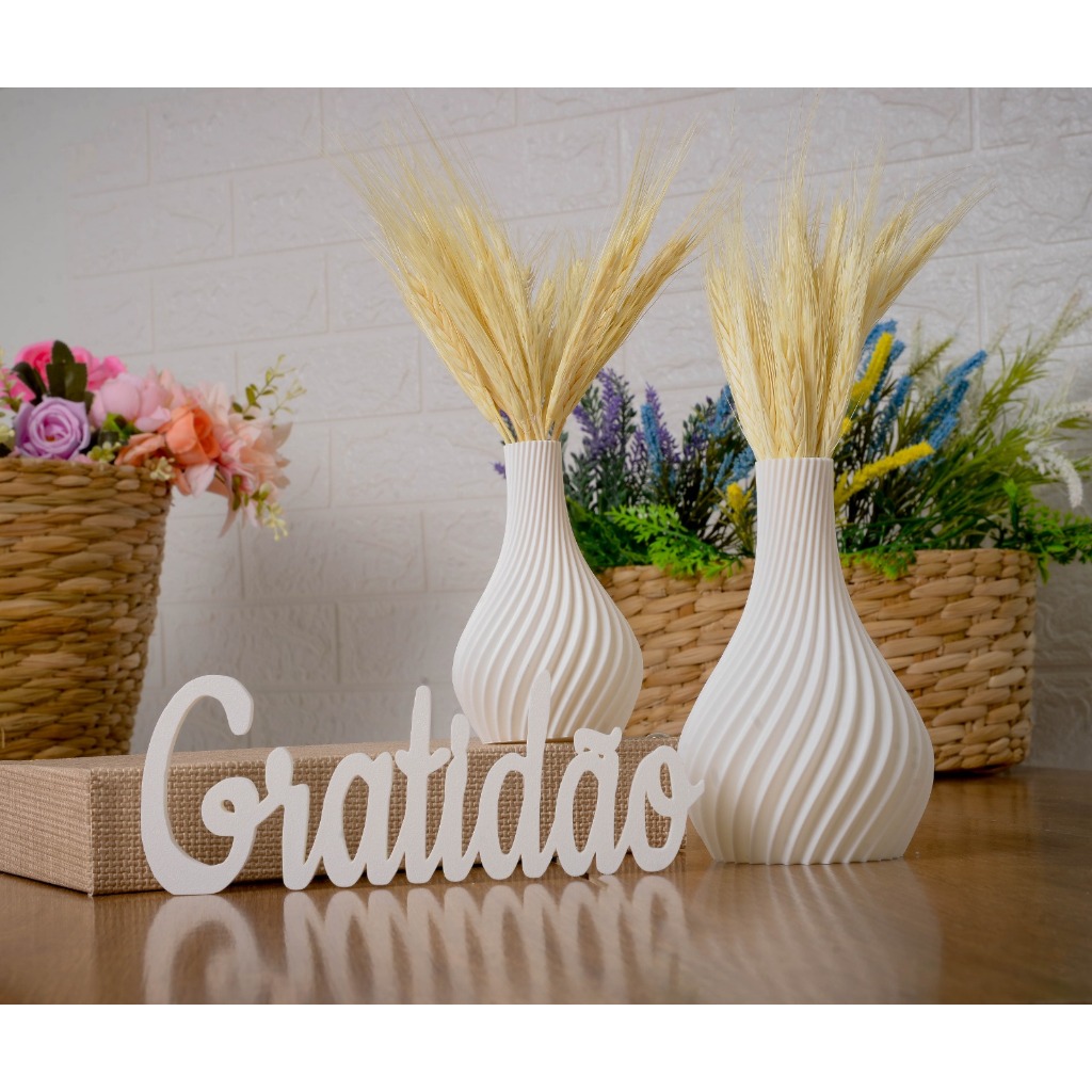 Kit 2 Vasos Branco Decorativos + Letreiro Enfeite de Plástico Sala, rack, Casa e Escritório Decoração Moderna Trigo seco
