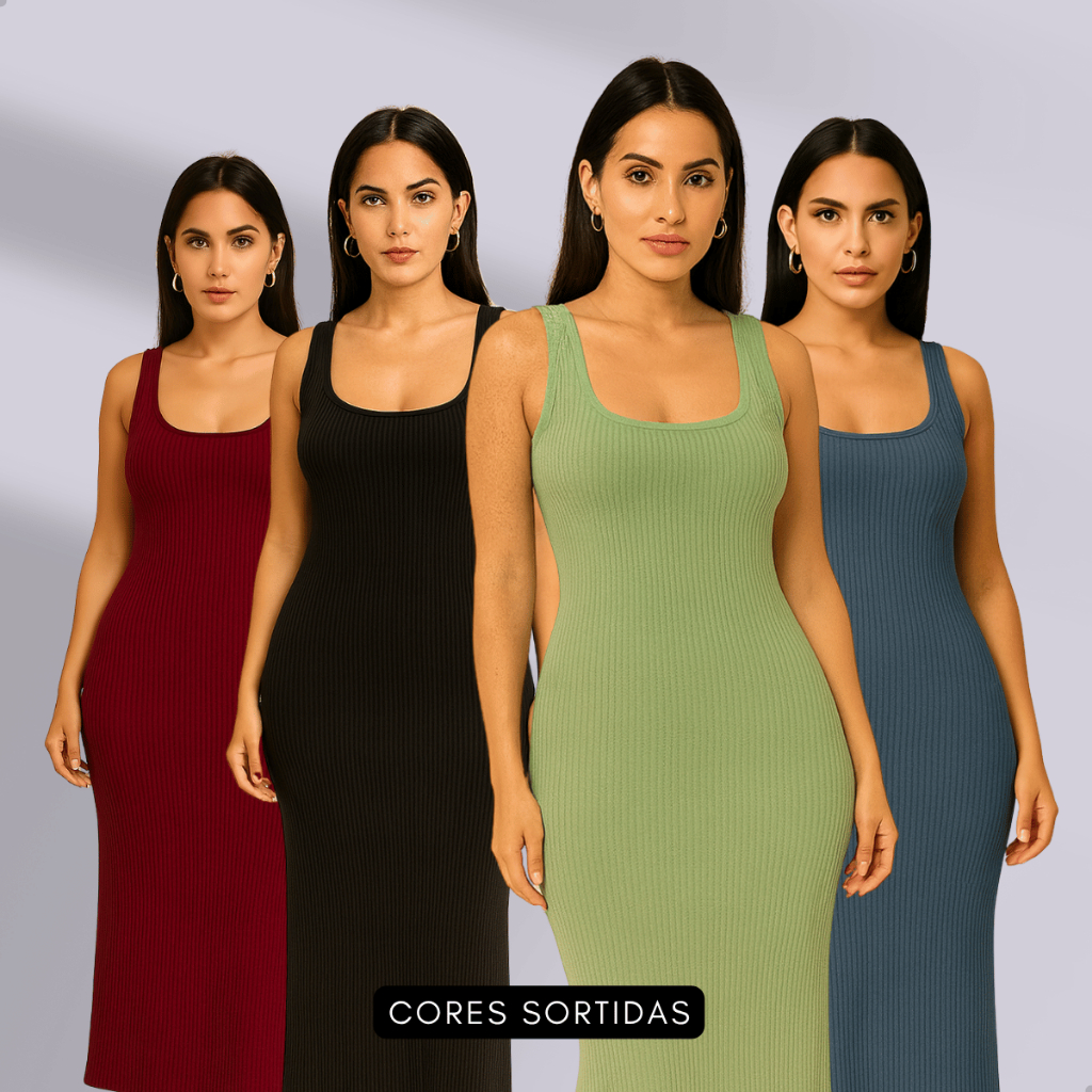Kit 4 Vestidos Canelados Midi Feminino Tubinho Justo Elegante Versátil Poliamida Confortável Verão