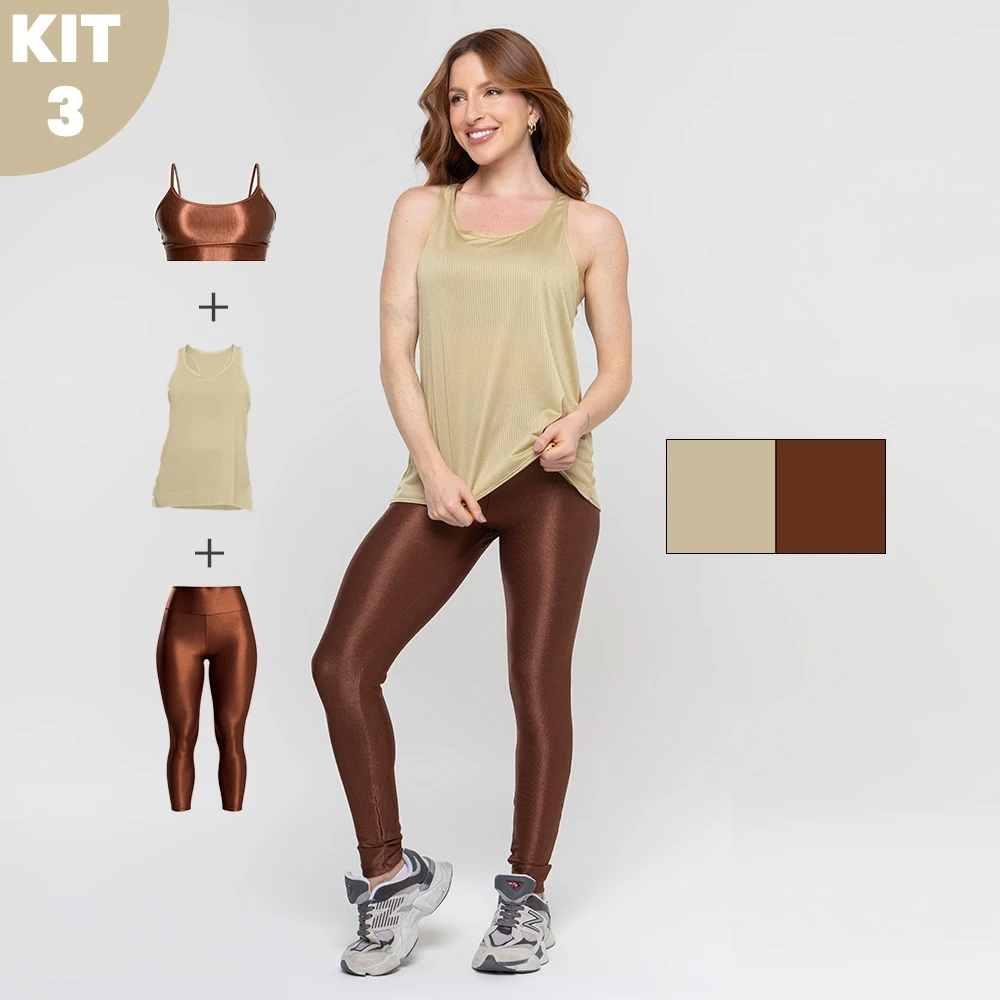 Kit 3 peças Legging e Top Fitness Trilobal Canelado Brilhoso + Regata Dry Feminino — imagem 1