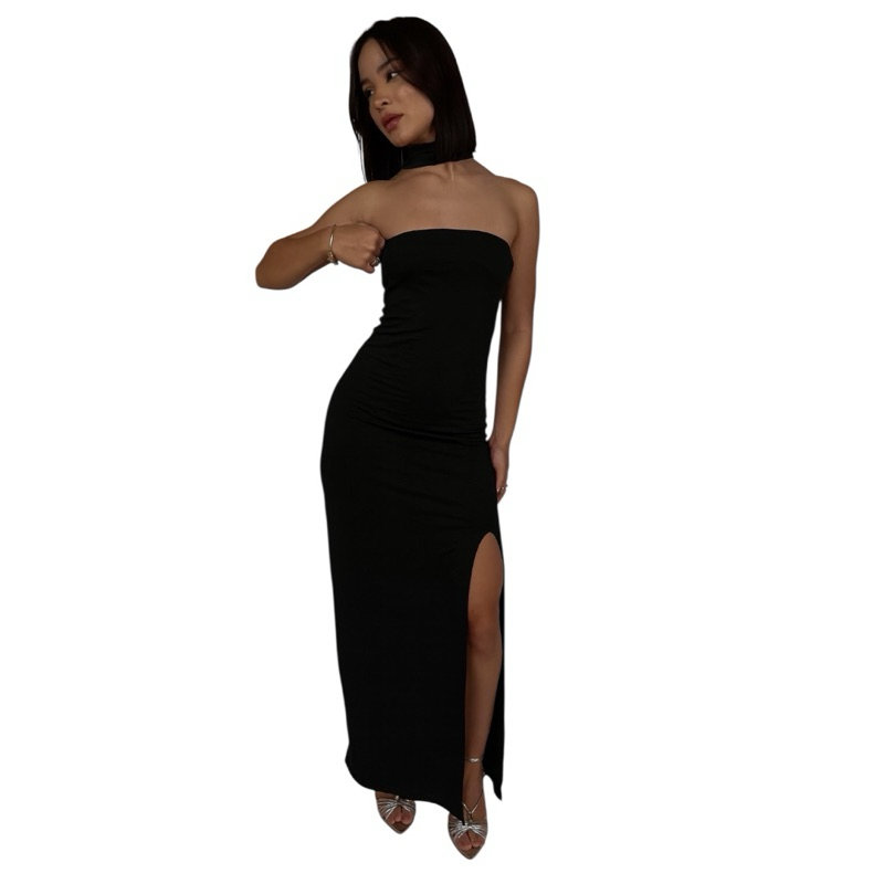 Vestido Longo Feminino De Gola Tomara Que Caia Com Fenda Moda Gringa — imagem 2 de 2