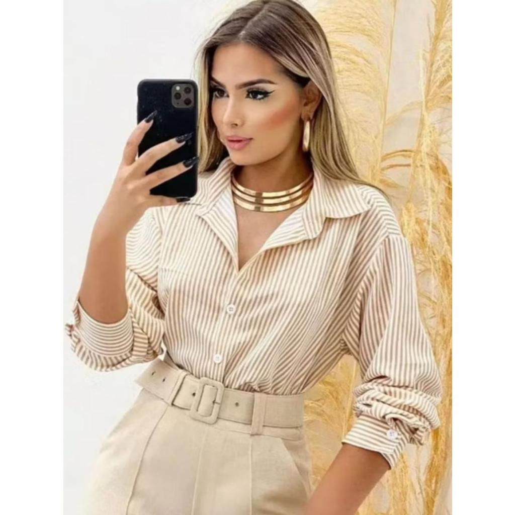 CAMISA SOCIAL COM MANGA LONGA LISTRADA CASUAL ENTREGA RAPIDO