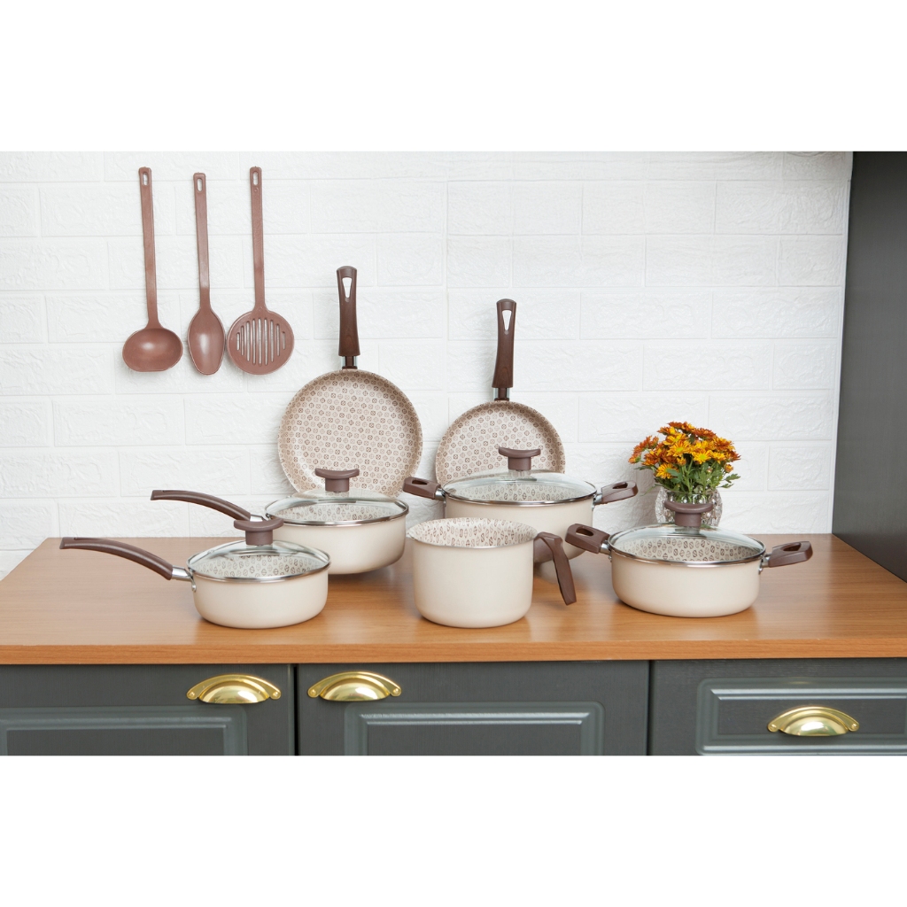 Conjunto de Panelas 10 Peças desenhado antiaderente Teflon Tampa de Vidro em Oferta na Shopee