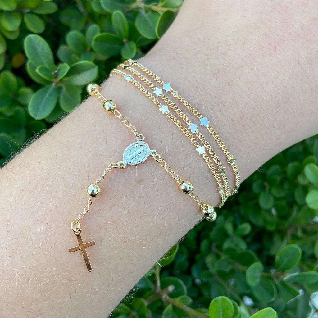 Pulseira Terço Nossa Senhora Semi Joia Delicada Banhada Ouro 18k A Prata 925 em Oferta na Shopee