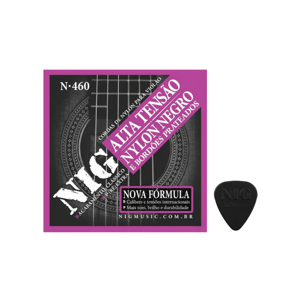 Encordoamento Nig para Violão Nylon Tensão Alta preto/prata N-460 (.029"/.044') em Oferta na Shopee