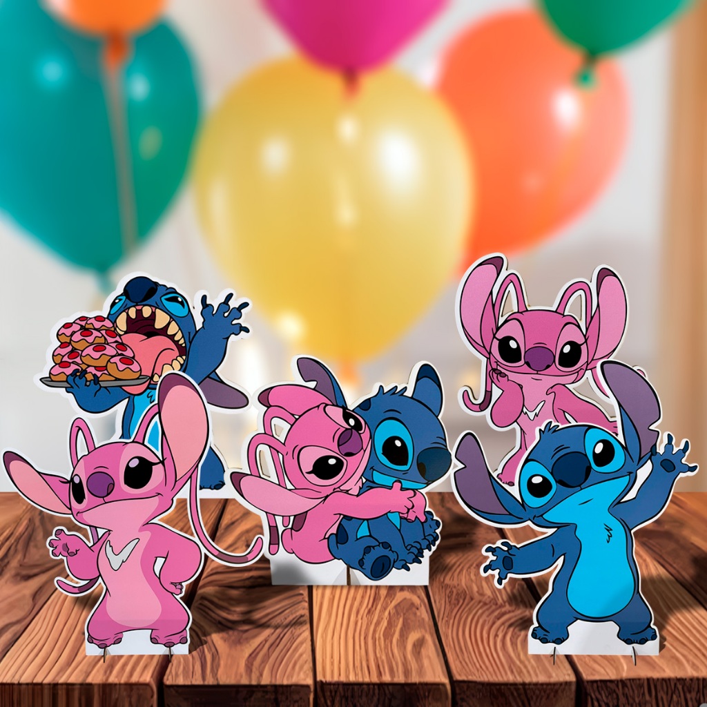 Kit com 5 Displays em MDF Tema Stitch e Angel Rosa e Azul para Decoração de Mesa de Festa Infantil em Oferta na Shopee