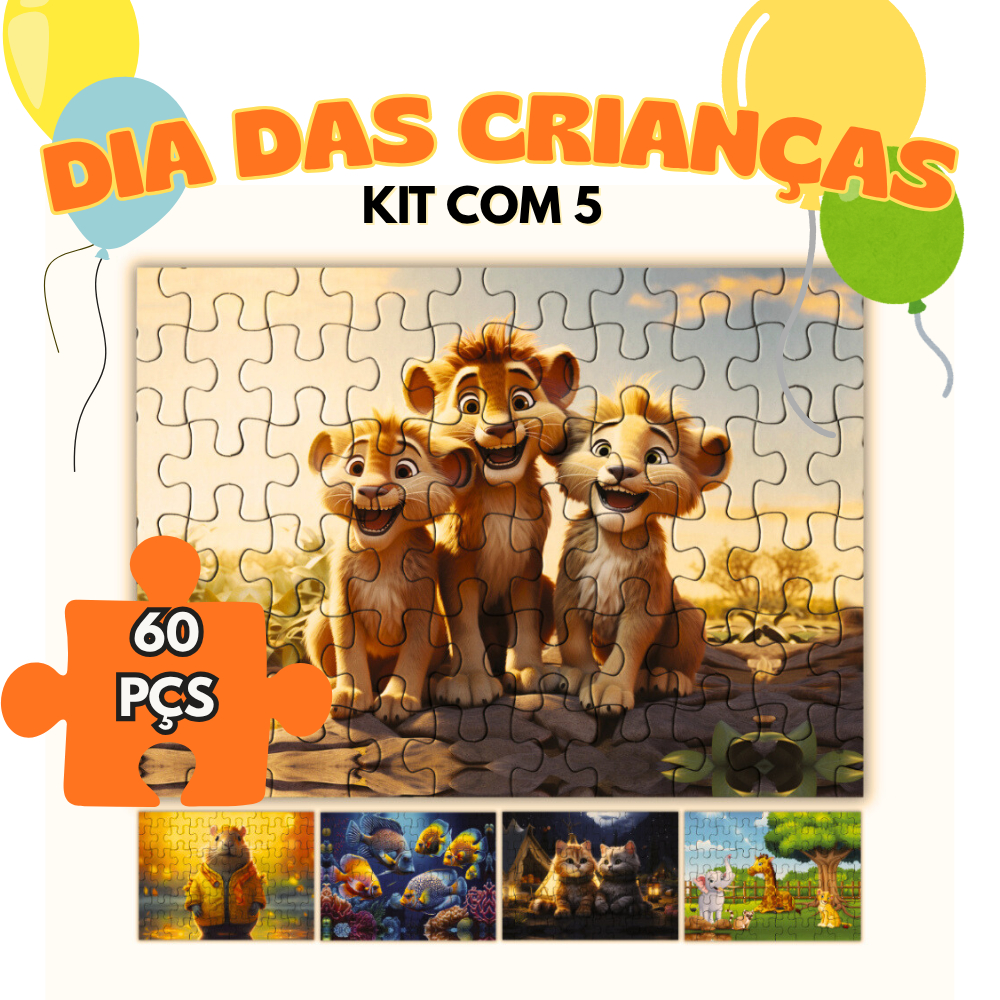 Kit 5 Quebra Cabeças 60 Peças - Mundo Animal Vol 2 Brinquedos educativos Bichos Dia das Crianças