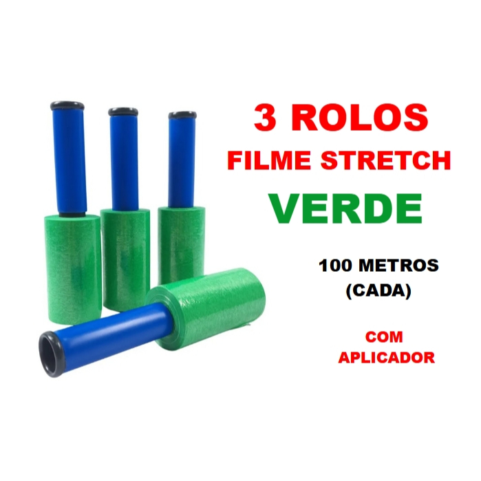 3 Rolos Filme Stretch VERDE com aplicador (10cm) 100 Metros (cada)