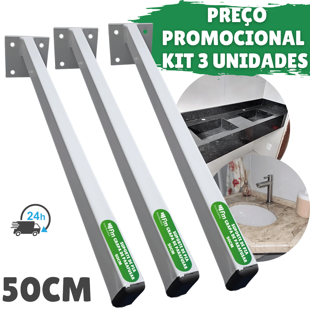 Kit 3 Suporte De Pia 2 Grapa De Parafusar 50cm Com Pintura Eletrostática Base Reforçada em Oferta na Shopee