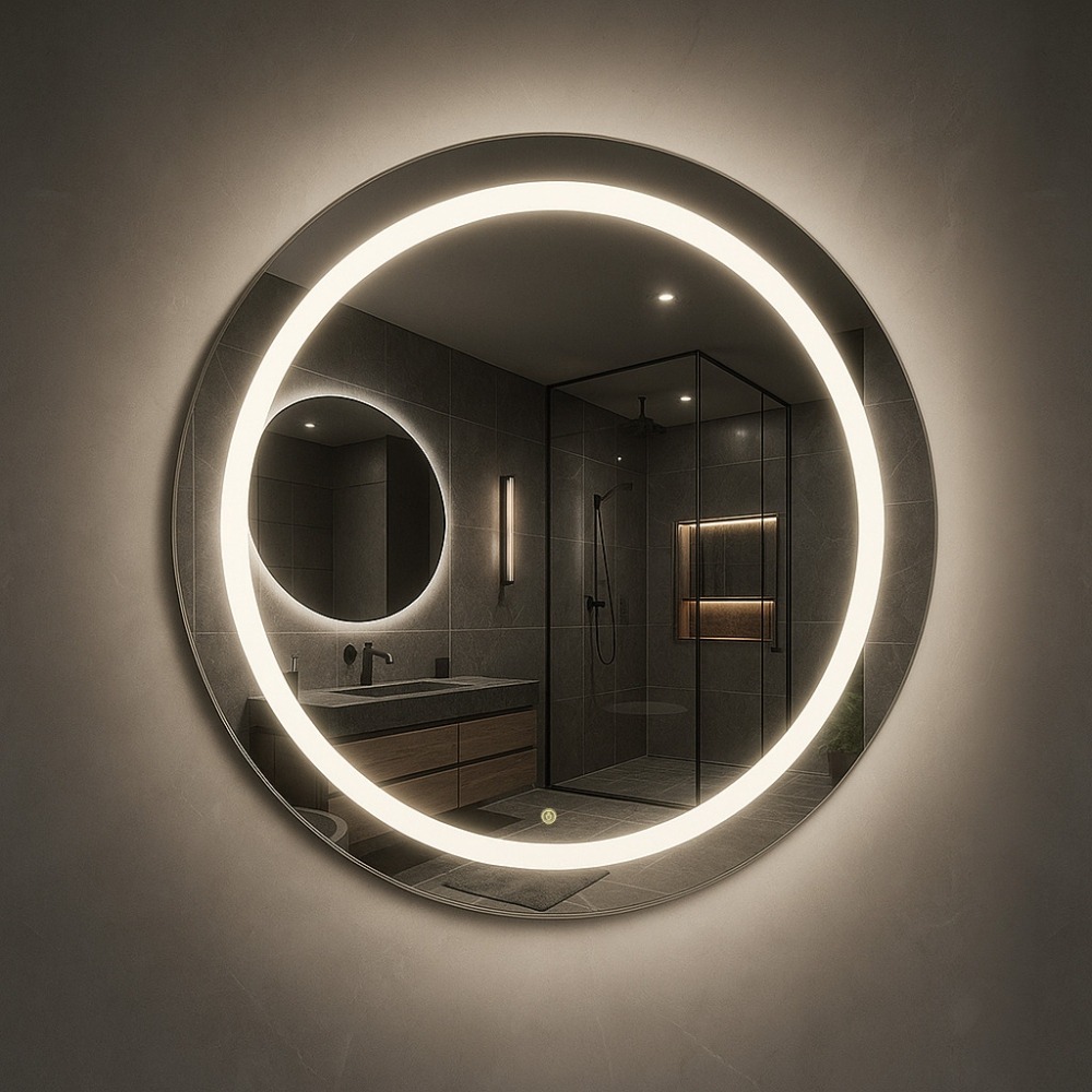 Espelho Redondo 60cm Led Jateado Touch Grande Decorativo Bivolt Moderno Sala Quarto Banheiro Hall Hotel 3 TONS DE LED